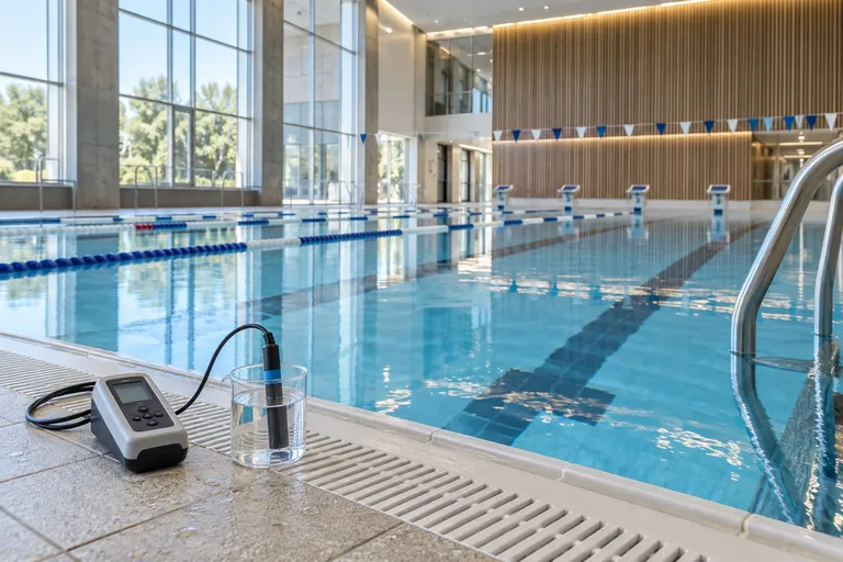 Water-quality sensor and sample vessel beside an indoor swimming pool