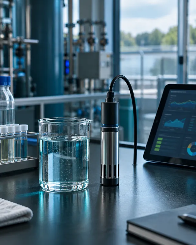 Water-quality sensor and sample vessel beside a monitoring tablet